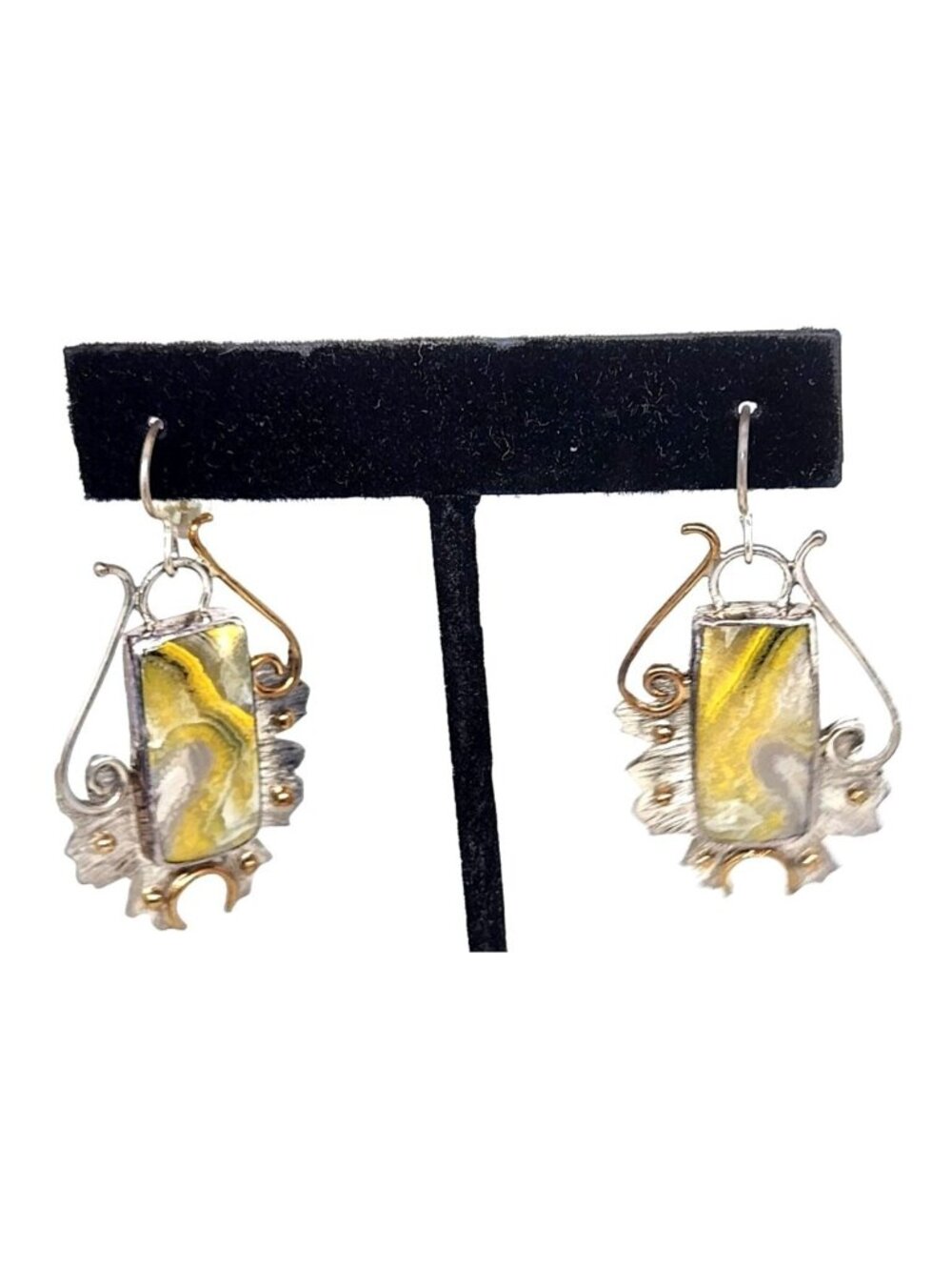 Earrings Bumble Bee Jasper 925 Silver 14K Gold  25mm x 10mm Silver Frame 40mm x